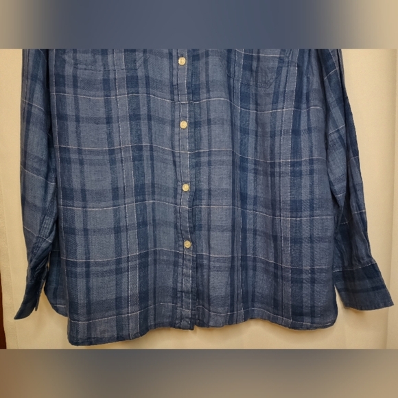 Lauren Ralph Lauren Womens 1X Long Sleeve Linen Shirt Blue Plaid Button Classic - Picture 5 of 10